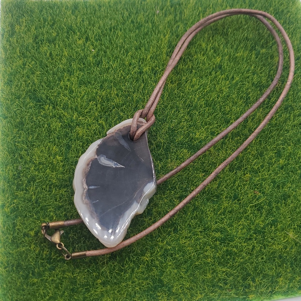 Black Agate Slabe Natural Stone Pendant Leather Cord Necklace 22 Inch N3908